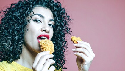  close up of Young woman facing camera with red lipstick biting fried chicken