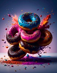colorful donuts floating in the air, the topping scatter in the air