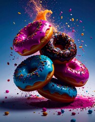 colorful donuts floating in the air, the topping scatter in the air