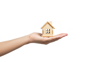 PNG Human Hand Offering Miniature Wooden House on Transparent Background
