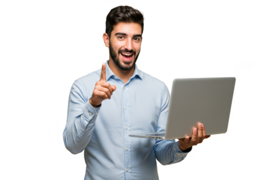 PNG Cheerful Man Holding Laptop Pointing Upward Isolated Background - Powered by Adobe