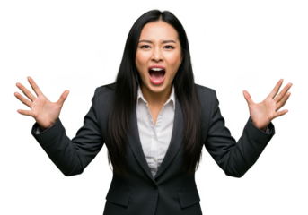 PNG Portrait of Angry Asian Businesswoman Hands Up on Transparent Background