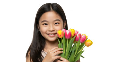 Portrait Of A Smiling Asian Girl Holding A Tulip Bouquet On Transparent