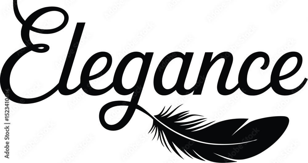 Poster elegance script text with a black feather illustration on a white background for a minimalist design