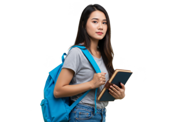 Portrait Of Young Asian Student with Backpack and Book on Isolated