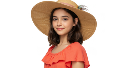 Portrait of Young Girl with Straw Hat in Transparent Background