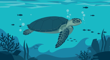 Sea turtle swimming underwater with fish and coral reef ocean wildlife vector illustration 