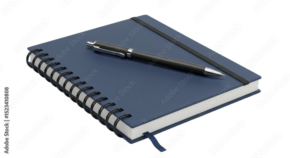 Poster realistic 3d rendering of blue notebook with black pen on isolated background