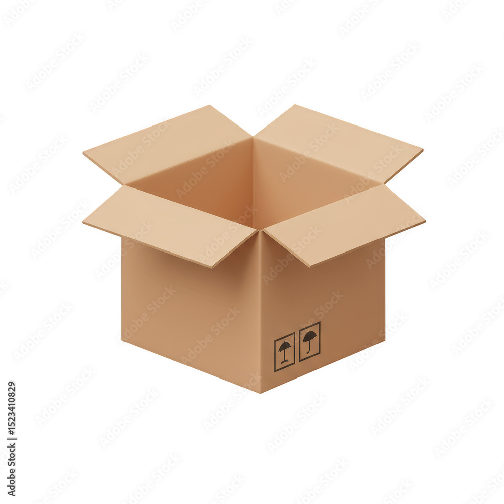 Poster realistic 3d rendering of brown open empty cardboard box package