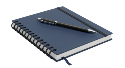 Realistic 3D Rendering Of Blue Notebook With Black Pen On Isolated Background