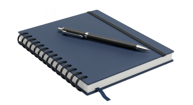Realistic 3D Rendering Of Blue Notebook With Black Pen On Isolated Background