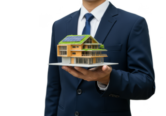 Realistic Image Man Holding Sustainable House Model Energy Real Estate