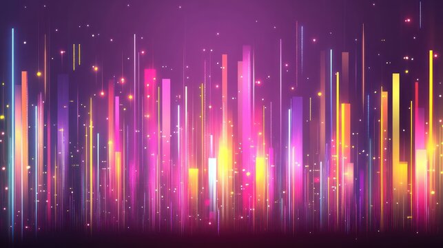 Abstract vertical vibrant glowing lines on a purple background.  Many colorful,  glowing, vertical  lines  create a dynamic effect.  Sparkling particles add to the  vibrant, energetic scene