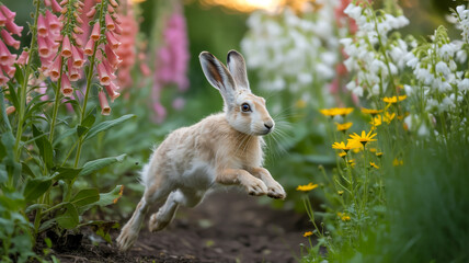 Fototapeta premium A digital illustration of a white hare running through a vibrant garden setting.