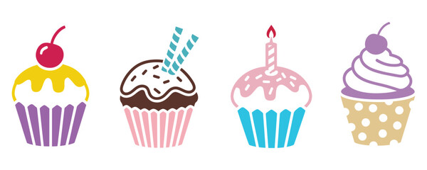 Colorful Collection of Festive Cupcakes with Cherries, Sprinkles, and Candles, Playful Cupcake Graphics Perfect for Birthdays, Parties, and Dessert Themes