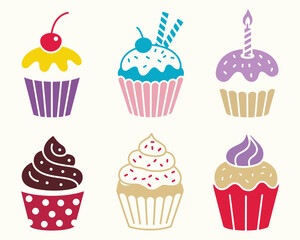 Colorful Collection of Festive Cupcakes with Cherries, Sprinkles, and Candles, Playful Cupcake Graphics Perfect for Birthdays, Parties, and Dessert Themes