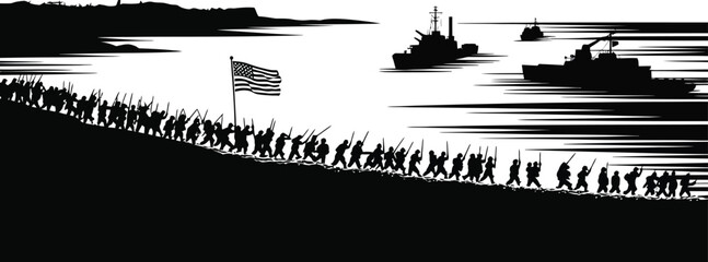 Black and white illustration of soldiers marching with american flag and navy ships in the background