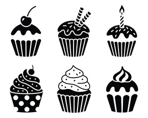 Black and White Cupcake Silhouettes with Toppings for Birthday and Celebration Designs, Stylized Black and White Cupcakes Showcasing Different Toppings for Sweet Delights