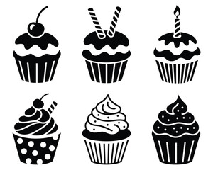 Black and White Cupcake Silhouettes with Toppings for Birthday and Celebration Designs, Stylized Black and White Cupcakes Showcasing Different Toppings for Sweet Delights