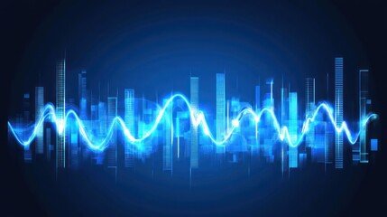 Abstract cityscape with glowing waveforms.  Dynamic representation of urban sounds, data, or technology.  Blue light trails against dark backdrop