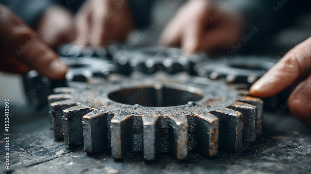 Poster hands connecting cog wheels symbolizing teamwork and in business