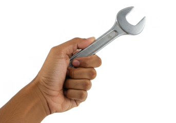 Studio Shot of Hand Holding Shiny Metal Wrench Tool Transparent
