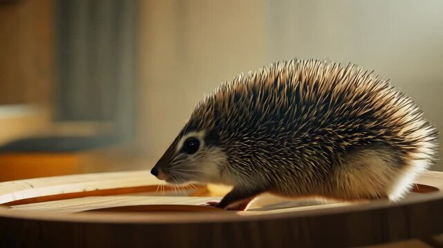 Hedgehog on Board: Captivating closeup of a cute hedgehog exploring a light-brown wooden surface, showcasing its distinctive spiky quills and inquisitive nature.