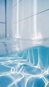 A serene split-level view of a swimming pool, with sunlight creating beautiful caustic reflections in the clear blue water