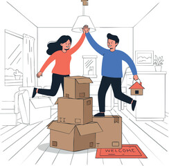 Young couple celebrating moving into new home with cardboard boxes and welcome mat vector illustration 