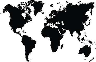 A stark black and white world map illustration displaying continents on a solid white background space