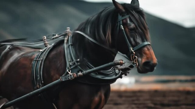 Majestic dark horse pulls a farm implement across a tilled field rural scene strong animal agricultural landscape