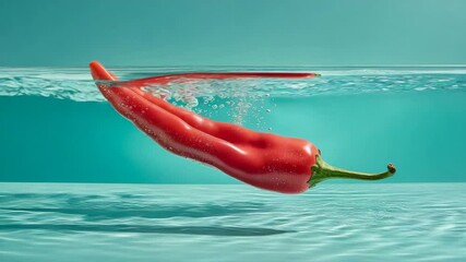 A red chili pepper floats in clear blue water, surrounded by bubbles and light reflections. - Powered by Adobe
