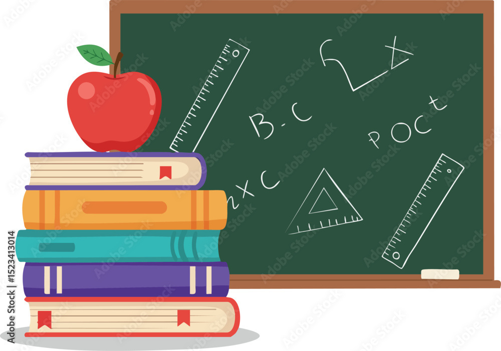 Poster stack of colorful books with apple on top and chalkboard with math symbols vector illustration