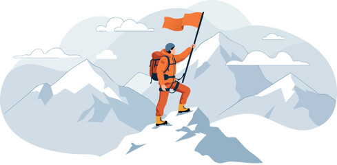 Mountain climber reaching summit with flag in snowy landscape vector illustration 