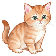 Watercolor Illustration of Cute Ginger Kitten Pet with Transparent Background
