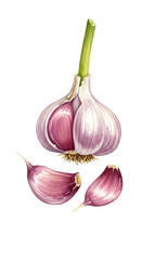 Watercolor Illustration of Garlic Bulb with Cloves Isolated Background