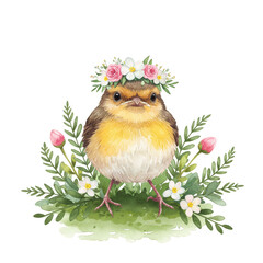 Watercolor Illustration of Robin with Floral Crown on Transparent Background