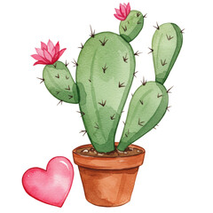 Watercolor Illustration of Potted Cactus Plant with Pink Flowers Heart