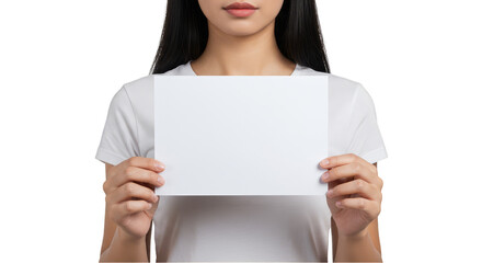 Woman Holding Blank White Paper Sheet Sign on Transparent Background