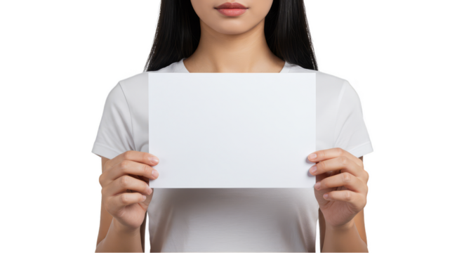 Woman Holding Blank White Paper Sheet Sign on Transparent Background