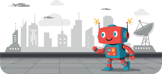 Red happy robot walking on futuristic city rooftop with satellite and drone background vector illustration 