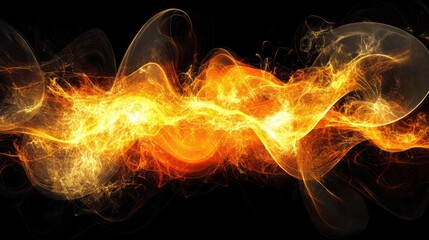 Obraz premium Abstract fiery energy waves, swirling orange and yellow flames on a black background. Detailed textures of smoke and fire