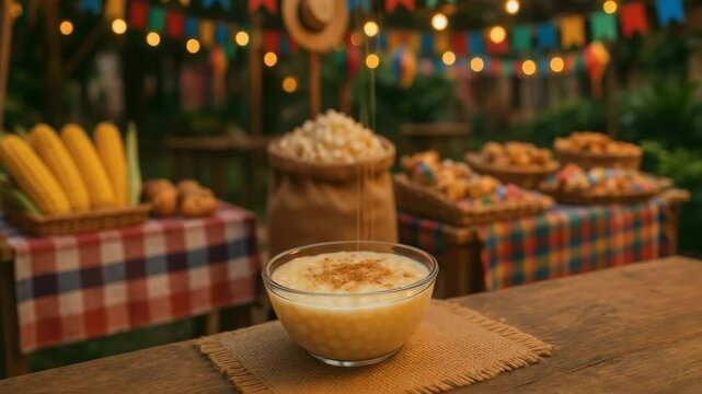 Traditional Festa Junina,s&atilde;o jo&atilde;o, food table with tapioca pudding, popcorn, corn and party flags at nights 4k uhd video