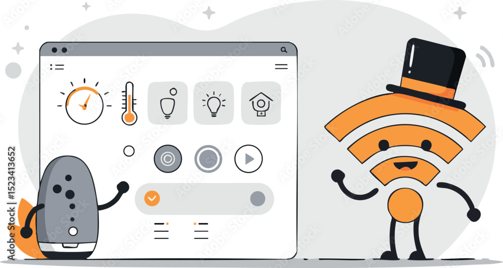 Poster smart home devices connected with wifi signal and voice assistant technology vector illustration