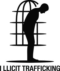 Silhouette of person trapped in cage with illicit trafficking text on white background graphic design