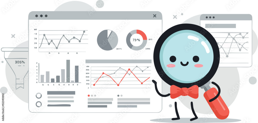 Poster cute magnifying glass character analyzing data and charts in digital interface vector illustration