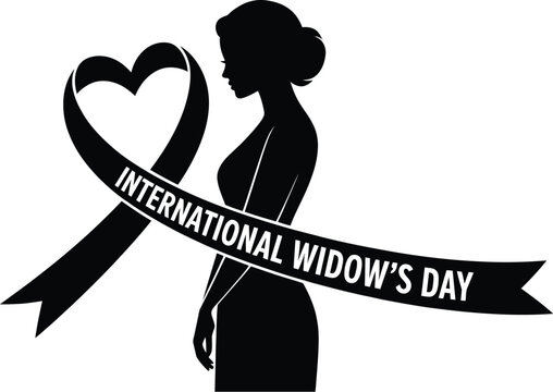 Silhouette of a woman with international widow's day ribbon and heart on a white background design - Powered by Adobe