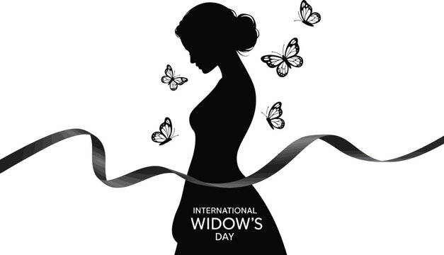 Silhouette of a woman with butterflies and ribbon for international widow's day celebration design
