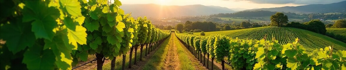 Naklejka premium Sunlight dapples rows of lush, green grapevines ripening on the hillside of a picturesque vineyard, ready for harvest The scene evokes the beauty and promise of winemaking , rural scene, fruit
