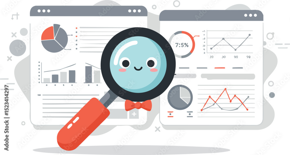 Aufkleber magnifying glass inspecting data charts and graphs analysis concept vector illustration